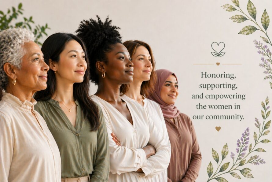 Five women stand side by side, smiling. Text reads, “Honoring, supporting, and empowering the women in our community.”