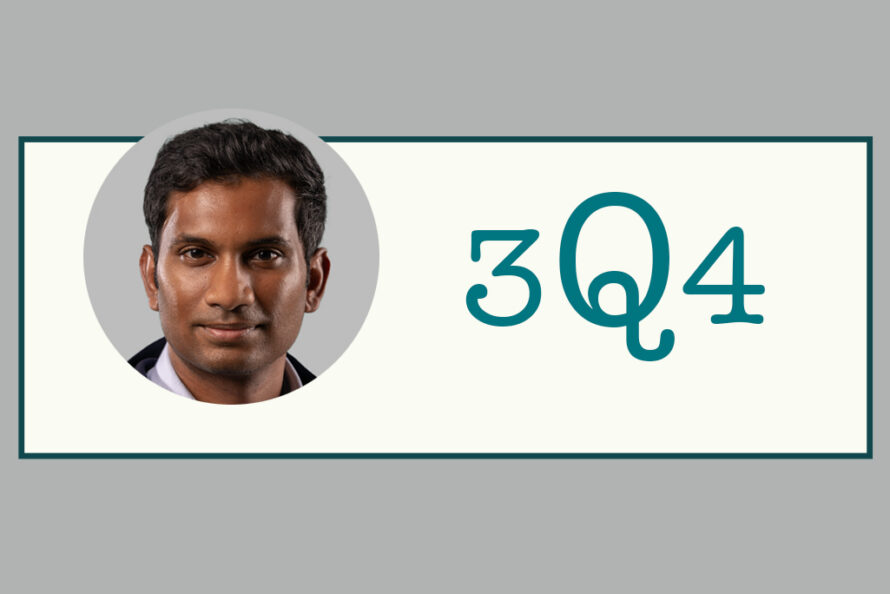 Composite graphic of circular portrait of Berkeley Lab researcher Yashwanth Balaji labeled "3Q4"