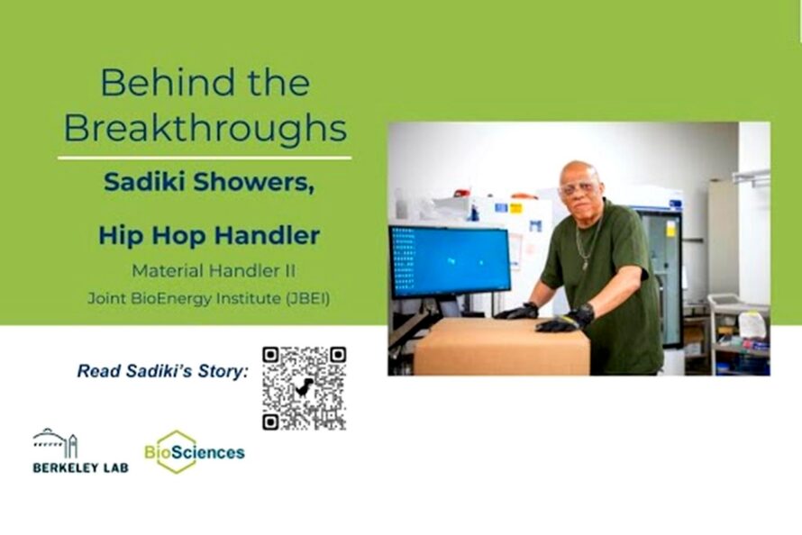 Composite graphic of photo of person with bald head wearing a green shirt and gloves handling a box surrounded by green frame with words "Behind the Breakthroughs, Sadiki Showers, Hip Hop Handler"