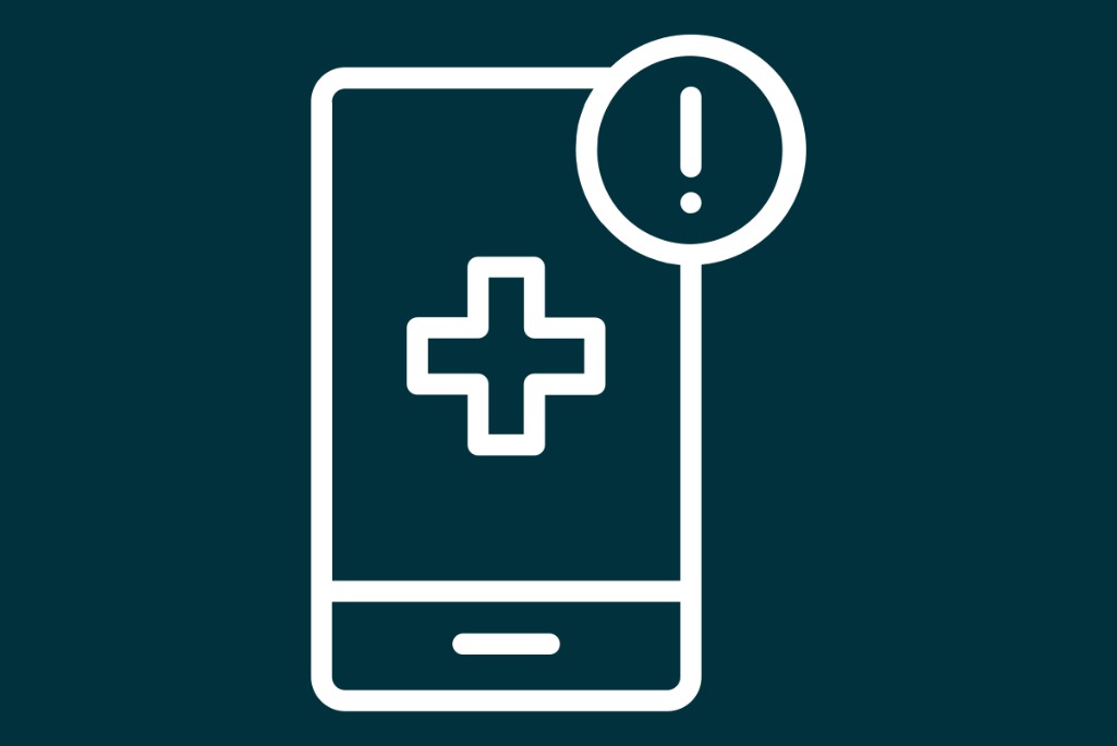 icon of a mobile phone with an exclamation point on it, white icon on blue background