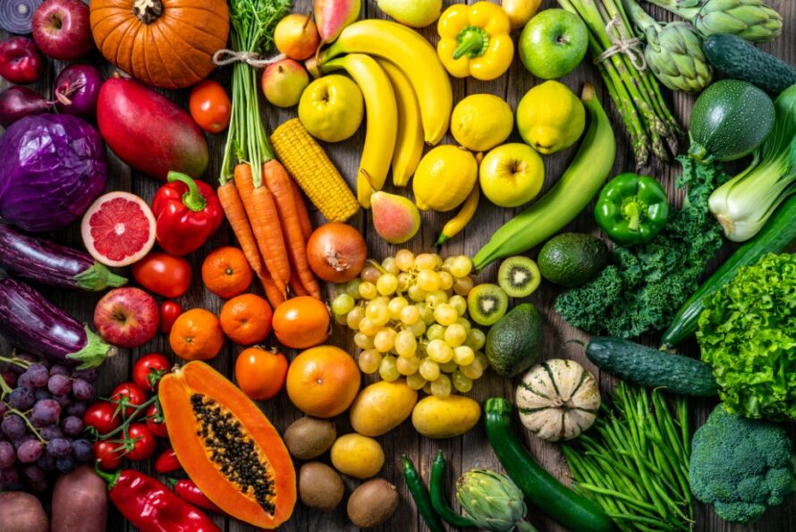 An array of colorful fruits and vegetables.