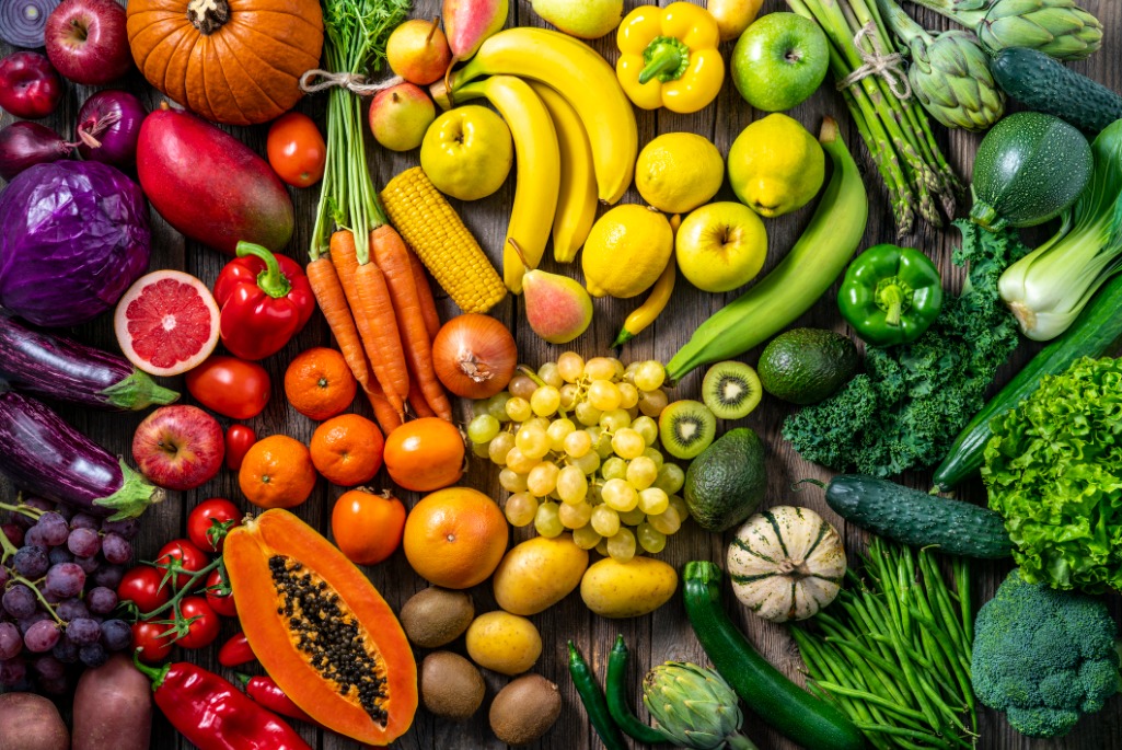 An array of colorful fruits and vegetables.