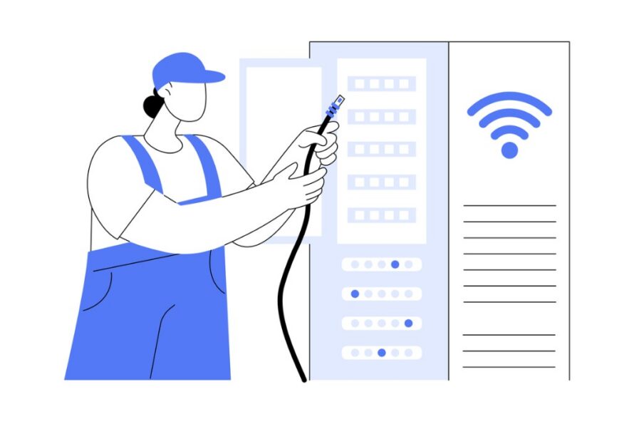 Line drawing of person wearing blue overalls and baseball cap connecting network cable to mainframe computer