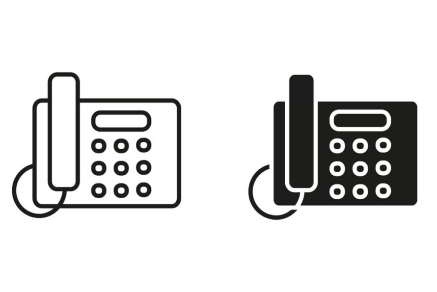 White icon of landline phone adjacent to black icon of same landline phone.