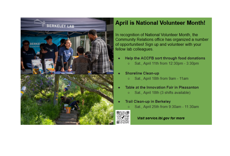 Two persons conversing beside graphic labeled "April is National Volunteer Month"