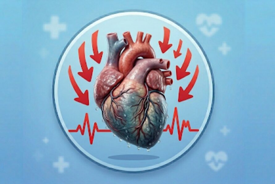 Illustration of a human heart surrounded by red arrows and heartbeat lines against a blue background with medical symbols.