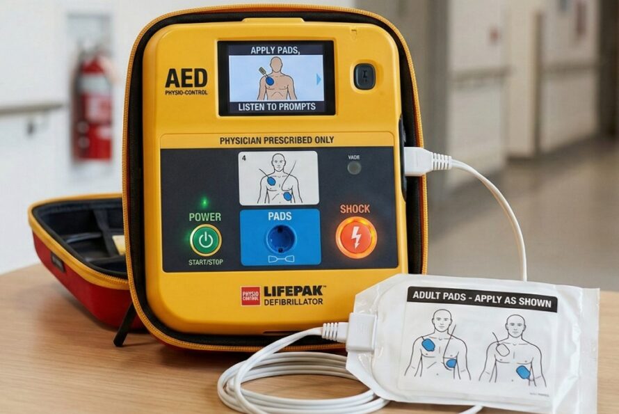 A yellow AED device with a screen showing pad placement instructions and a pad package displayed in front.