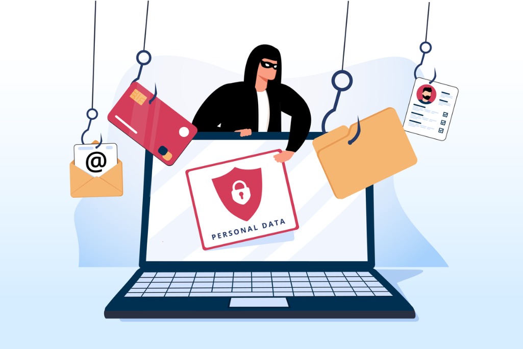 Illustration of laptop computer with person wearing a black hoodie and eye mask reaching into it who is flanked on either side by fishing lines with hooks holding credit cards