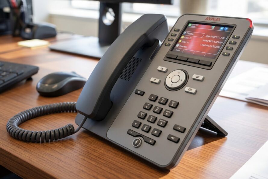 A black deskphone with receiver in cradle sitting atop a wooden table
