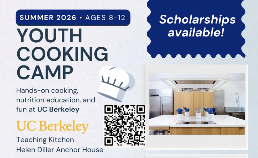 Composite illustration: black letters at left spelling "Youth Cooking Camp", yellow UC Berkeley logo, white chef hat, and scan code in lower-left, and photo of kitchen with white island and wood cabinets at right with words "Scholarships available!" above.