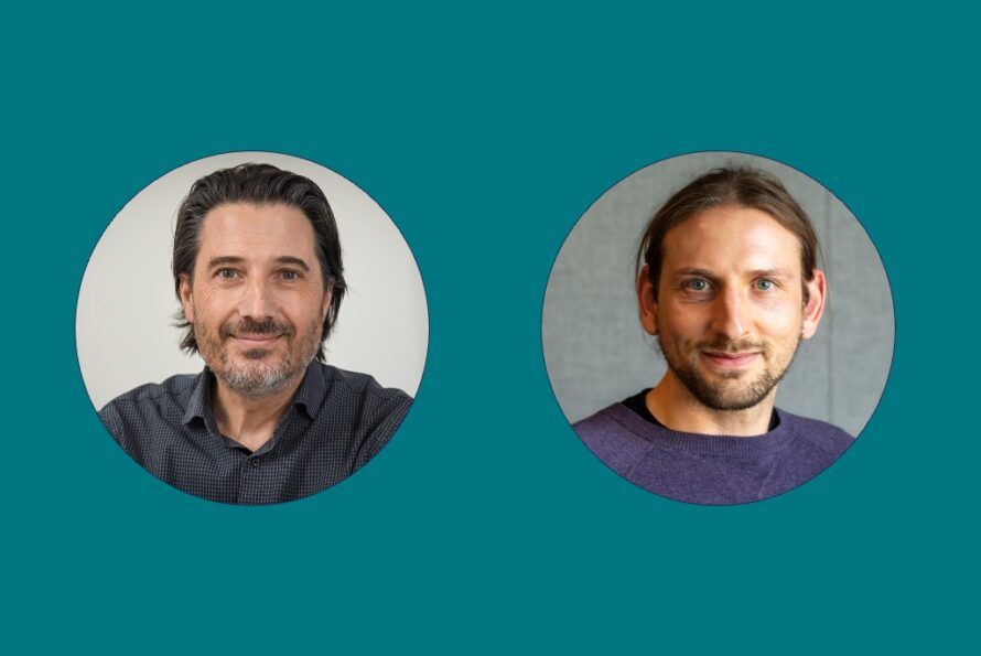 Two circular portrait headshots of a person with short black hair and beard wearing a gray dress shirt and another person with short brown hair and beard wearing a navy blue t-shirt