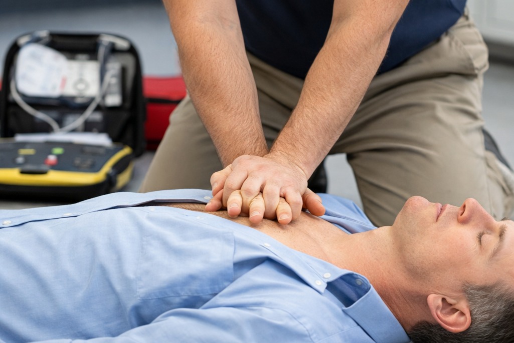 Person performing hands-only CPR on another person.