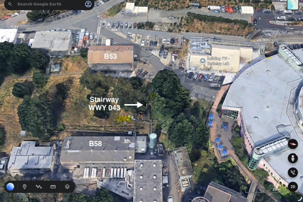 Aerial view of Berkeley Lab with text and arrow pointing to Stairway WWY 043 between Buildings 58 and 53.