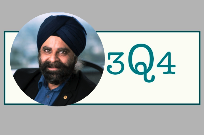 Inder Monga headshot with "3Q4" text beside it