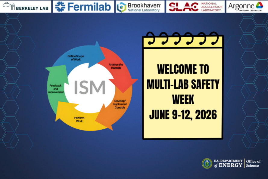 Multi-colored, interconnected arrows forming a circle with all arrows pointing in a clockwise direction and a spiral notepad line drawing with the words "Welcome to Multi-Lab Safety Week June 9-12, 2026"