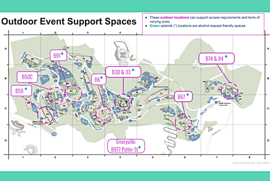 Map illustration showing representations of blue Berkeley Lab buildings on sage green background marking Lab boundaries with magenta callouts containing building numbers pointing to corresponding building