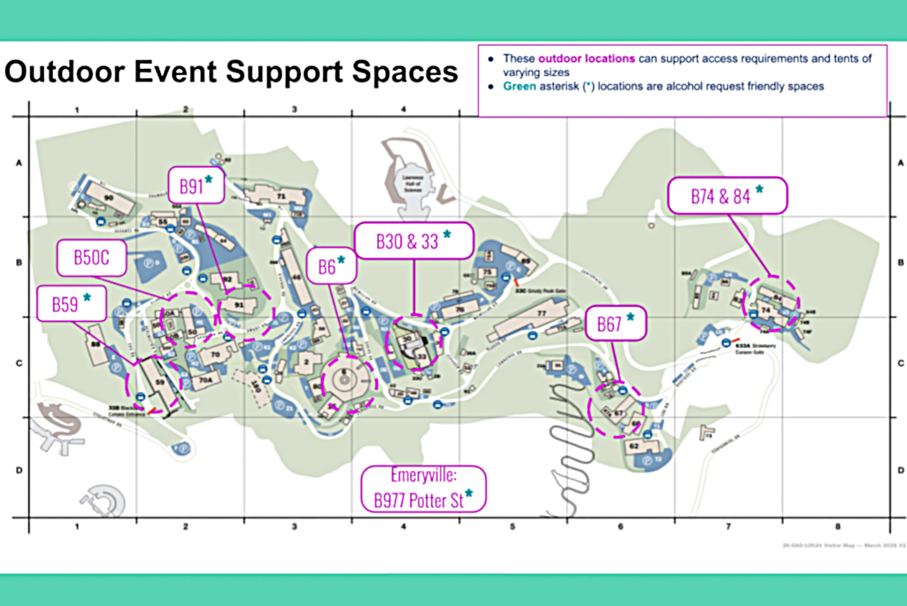 Map illustration showing representations of blue Berkeley Lab buildings on sage green background marking Lab boundaries with magenta callouts containing building numbers pointing to corresponding building