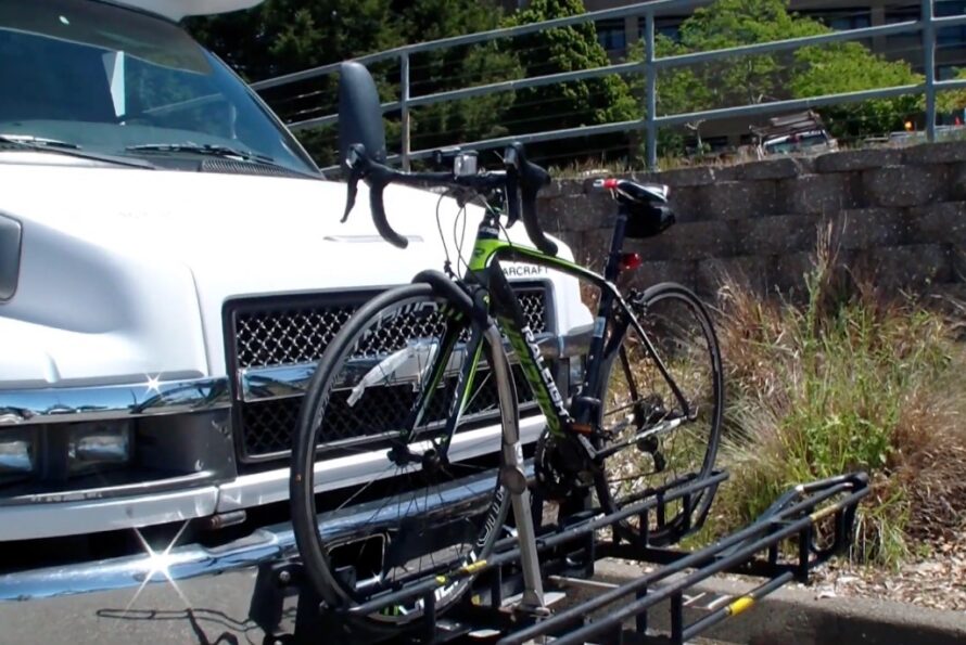 Bike loaded on the front of a Berkeley Lab shuttle