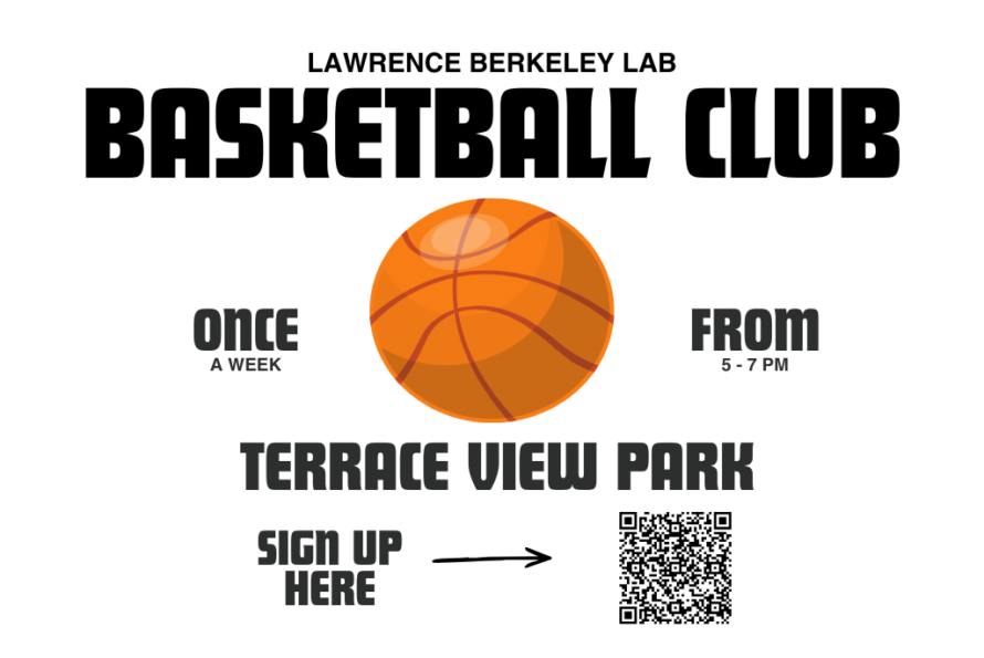 Illustration of orange basketball with title above reading "Lawrence Berkeley Lab Basketball Club" and QR code at bottom right