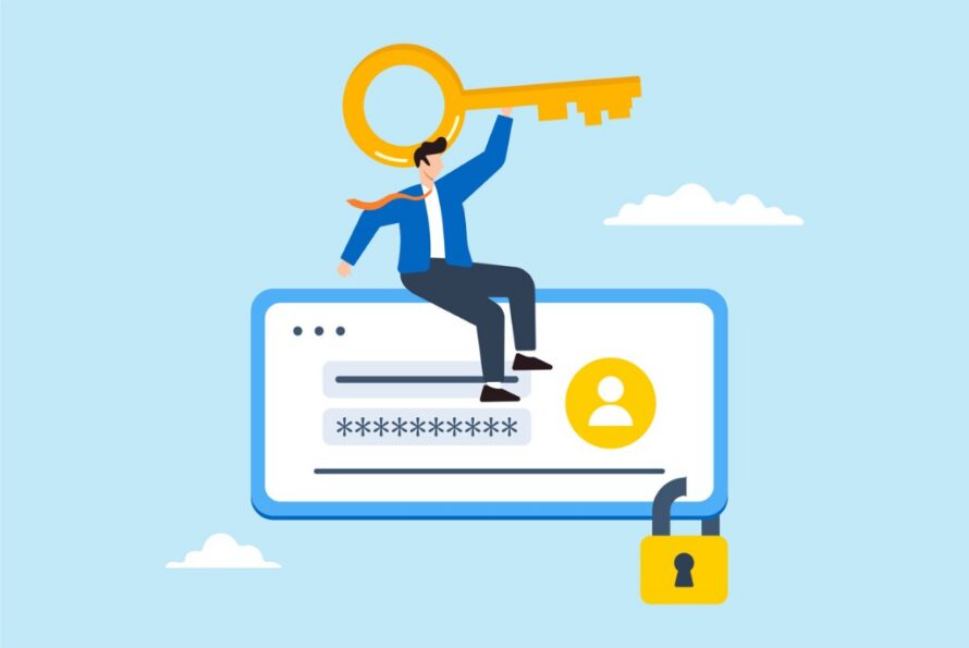 Illustration of person sitting atop a padlocked computer screen holding a key against a blue sky with white clouds