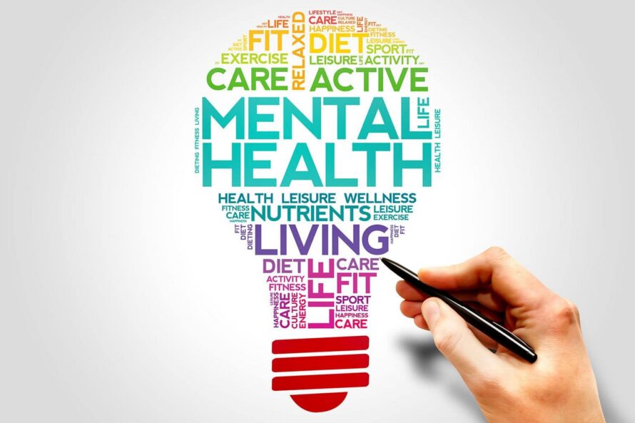 Outline of multi-colored light bulb formed by words of differing size and orientation reading "Mental Health", "Living", "Life", "Care", "Diet", "Active" and "Fit"