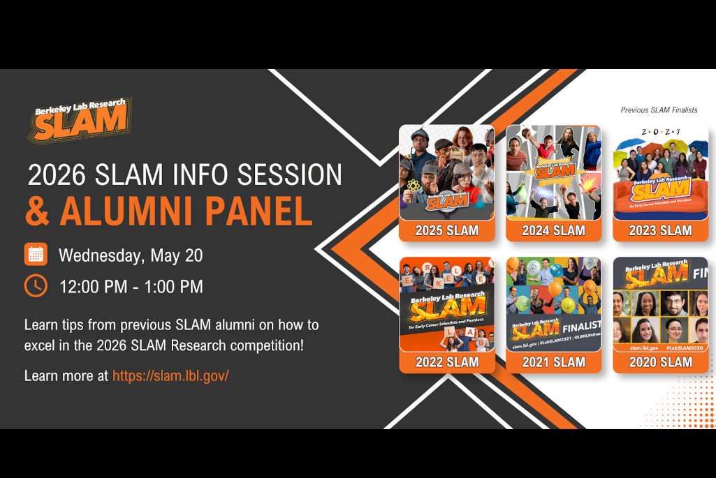 Composite illustration: photo collage of past SLAM participants with SLAM logo and words "2026 SLAM Info Session & Alumni Panel at left