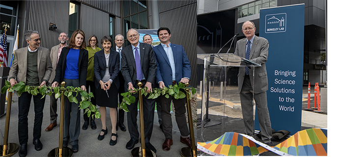 Composite image of people standing on staging cutting ribbon of leaves.