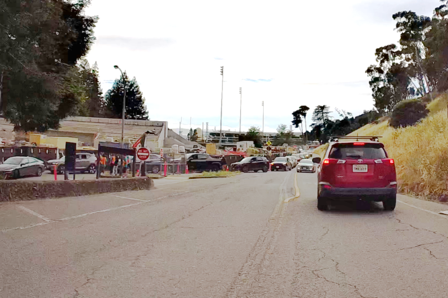 Traffic backup of cars on Centennial Drive at UC Berkeley