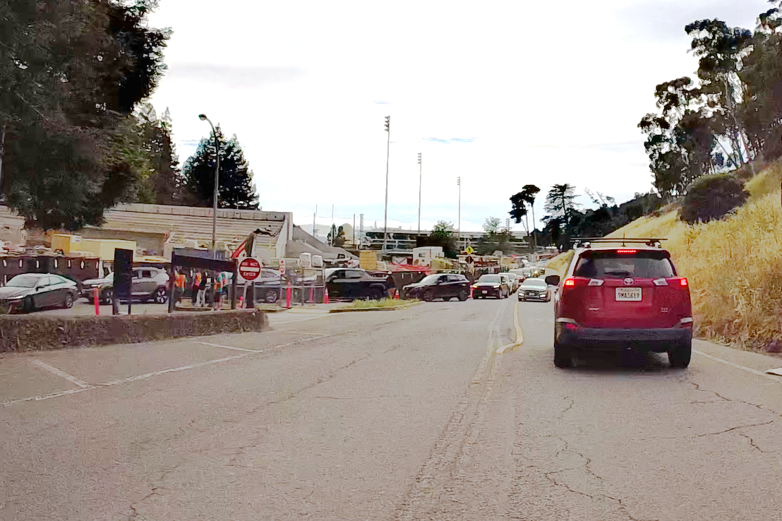 Traffic backup of cars on Centennial Drive at UC Berkeley