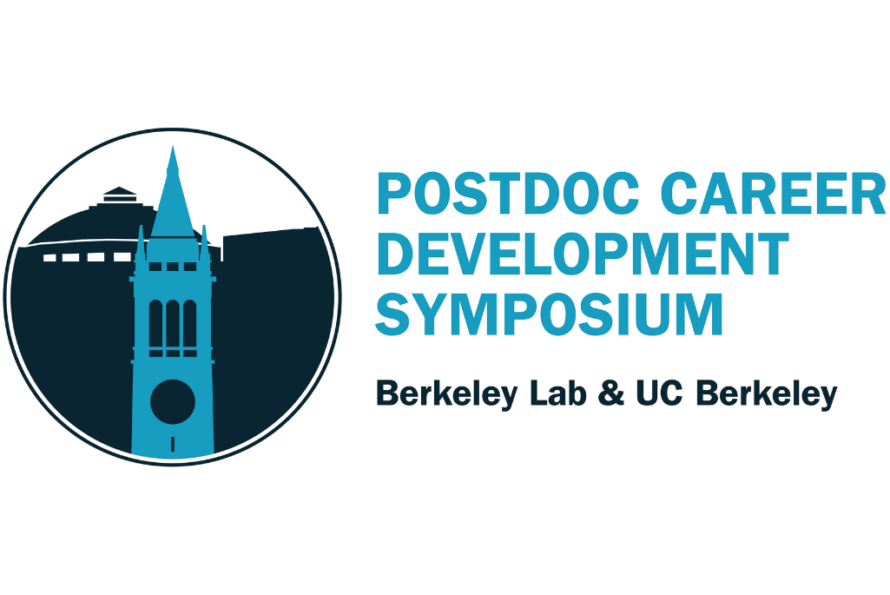 Composite illustration of blue UC Berkeley logo superimposed over black Berkeley Lab logo labeled "Postdoc Career Development Symposium"