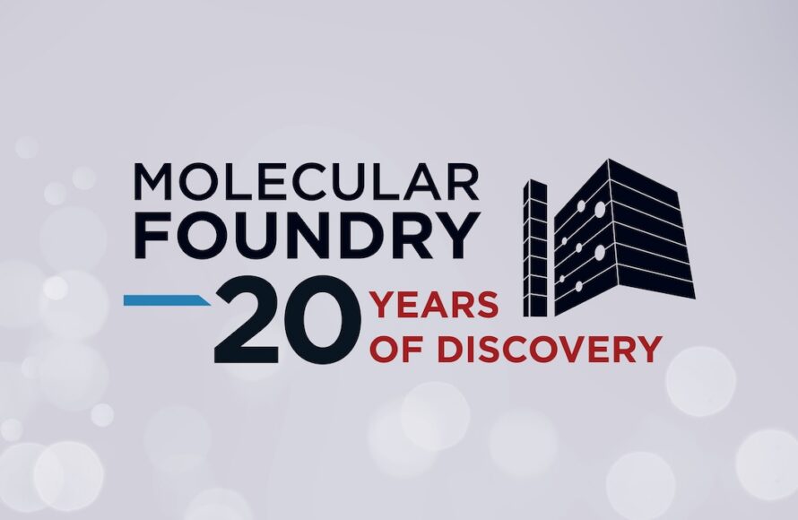Composite illustration of logo of Berkeley Lab Molecular Foundry with text "Molecular Foundry - 20 Years of Discovery"