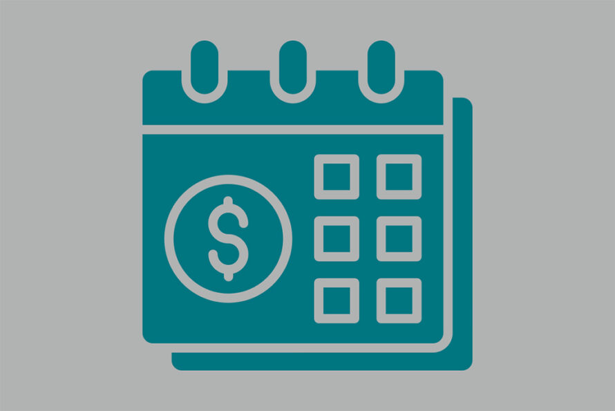 Icon of teal calendar with dollar sign on gray background