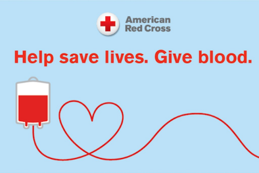 Composite illustration of half-filled medical blood bag against a light blue background with American Red Cross logo at top with red words "Help save lives. Give blood."