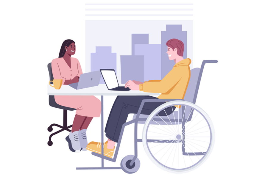 Illustration of two people working on their laptops in an office setting. One is in a wheelchair.
