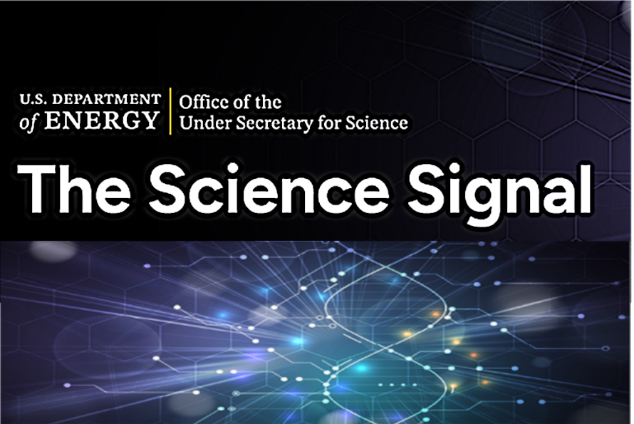 Composite illustration of constellation of blue and purple rays of light with white light clusters forming shape of DNA strand labeled "The Science Signal"