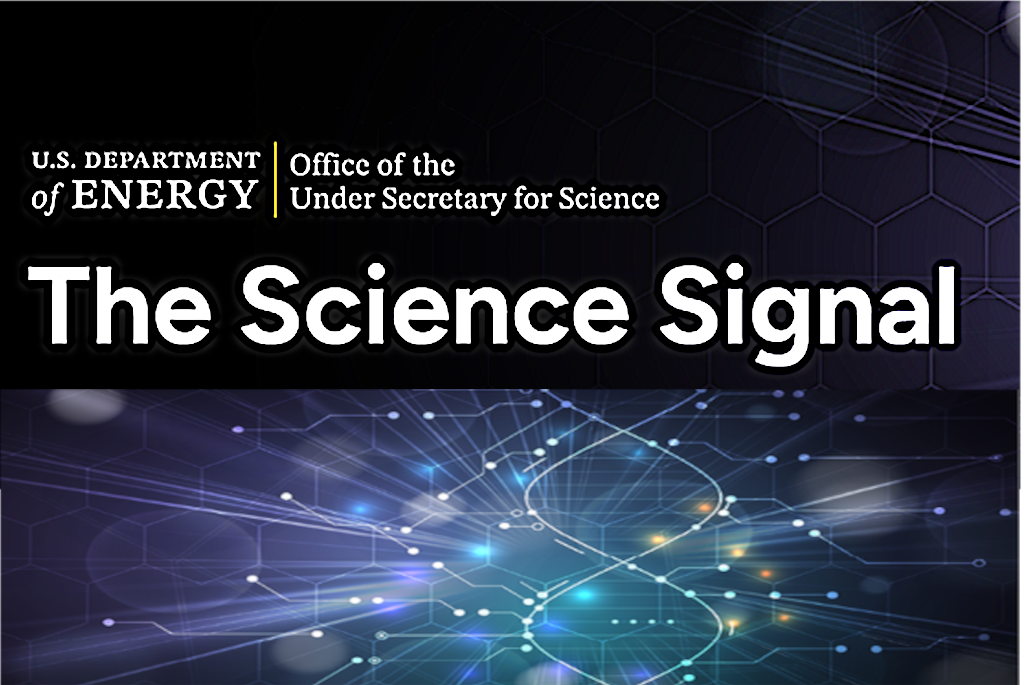 Composite illustration of constellation of blue and purple rays of light with white light clusters forming shape of DNA strand labeled "The Science Signal"