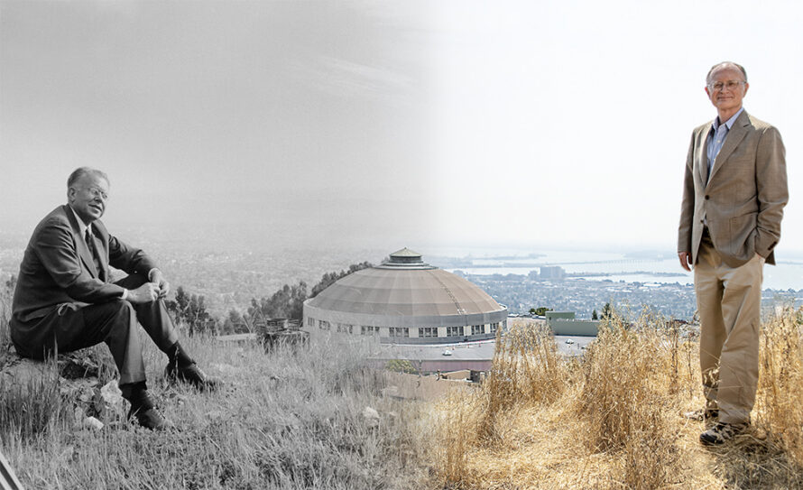 A composite image showing current Laboratory Director Mike Witherell (right) and Berkeley Lab founder, Ernest Lawrence, photographed overlooking the Advanced Light Source (originally the 184” Cyclotron, Building 6) dome at Lawrence Berkeley National Laboratory (Berkeley Lab).