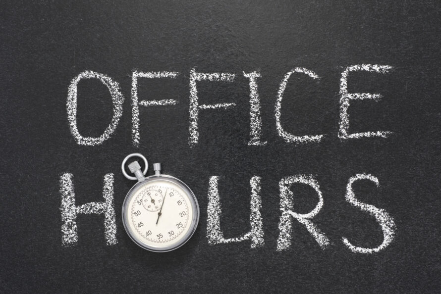 illustration of chalkboard with words Office Hours written in white chalk. The O in hours is relaced by a stopwatch.