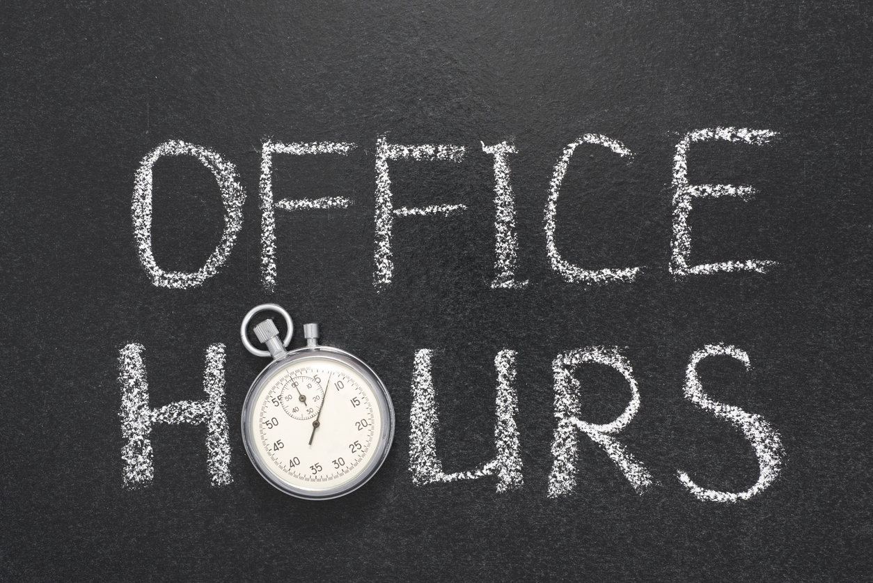illustration of chalkboard with words Office Hours written in white chalk. The O in hours is relaced by a stopwatch.