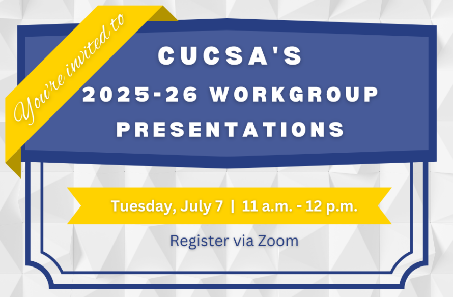 Illustration of designed frame with white text on blue background reading "CUCSA's 2025-26 Workgroup Presentations"