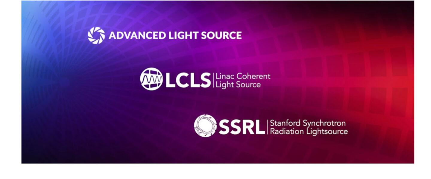 Three logos: Advanced Light Source, Linac Coherent Light Source, and Stanford Synchrotron Radiation Lightsource against purple and red background.