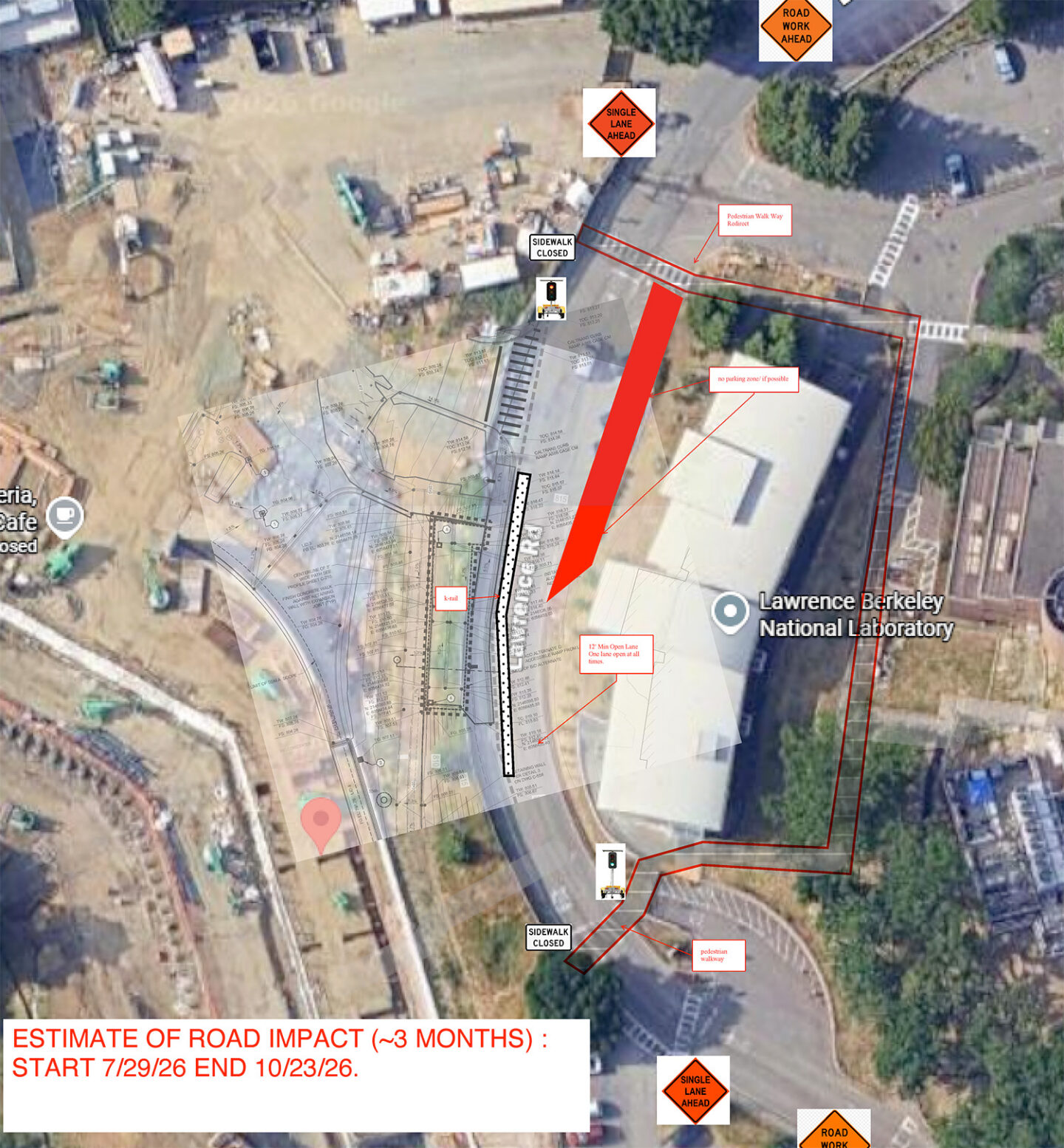 Aerial view of Lawrence Road with markers indicating lane and sidewalk closures for construction. Estimate of road impact (~3 months): start 7/29/26, end 10/23/26.