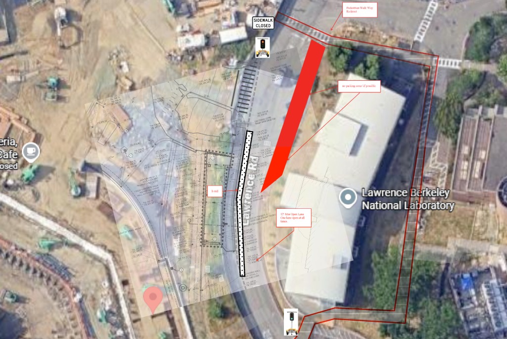 Aerial view of Lawrence Road with markers indicating lane and sidewalk closures for construction.
