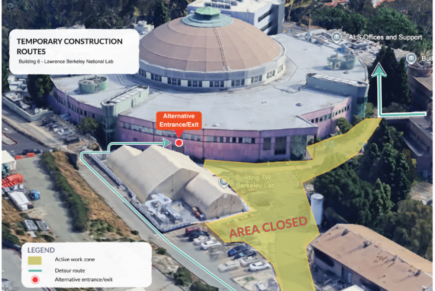 Overhead view of ALS building at Berkeley Lab with area highlighted green labeled "Area Closed" to designate non-operational area during construction.