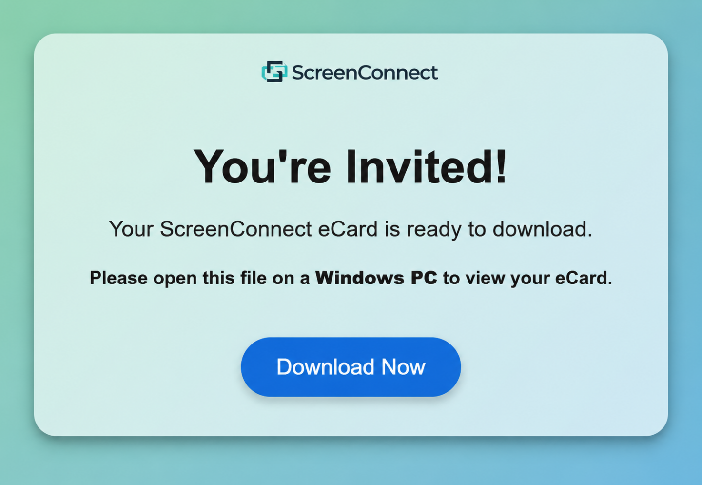 Pop-up window of fake invitation scam with words "You're Invited!" with a blue button below labeled "Download Now"