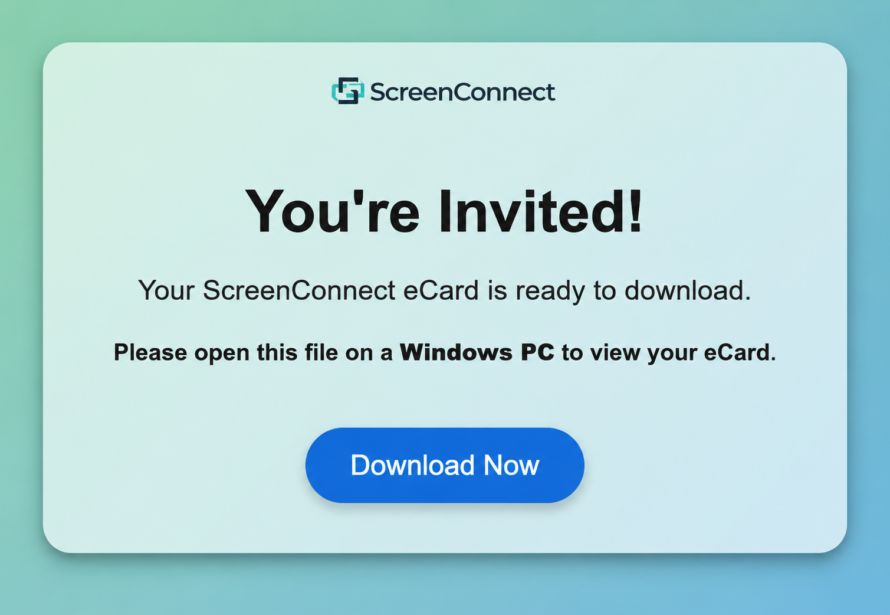 Pop-up window of fake invitation scam with words "You're Invited!" with a blue button below labeled "Download Now"