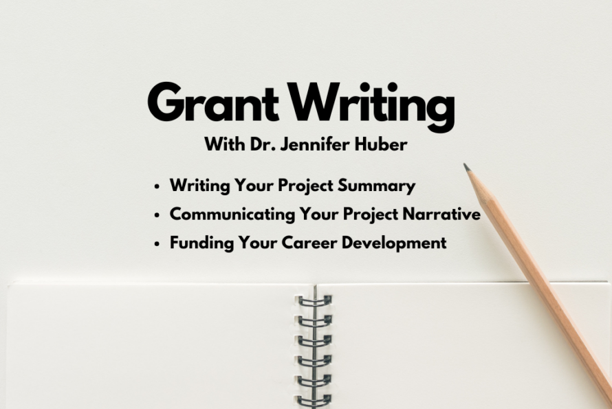 Open spiral notebook with words "Grant Writing" with yellow pencil laying to the right.