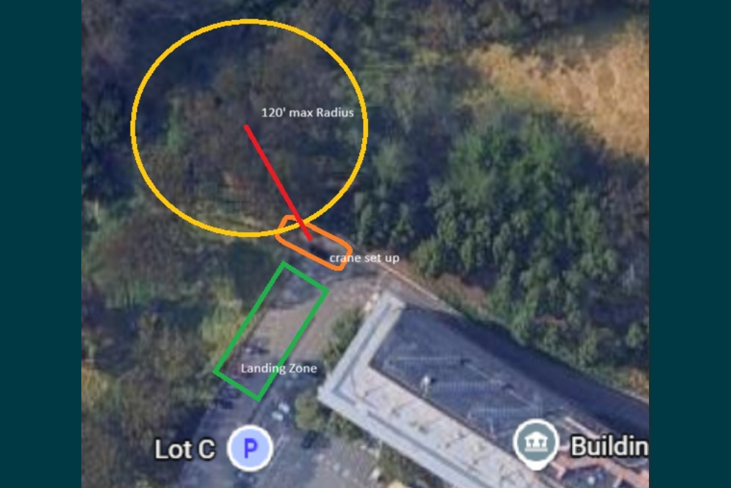 Aerial screenshot of Lot C with markings indicating the landing zone, crane setup, and tree removal work radius.
