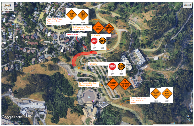 Aerial view of Berkely Lab roads with hazard signs and markers indicating closures.