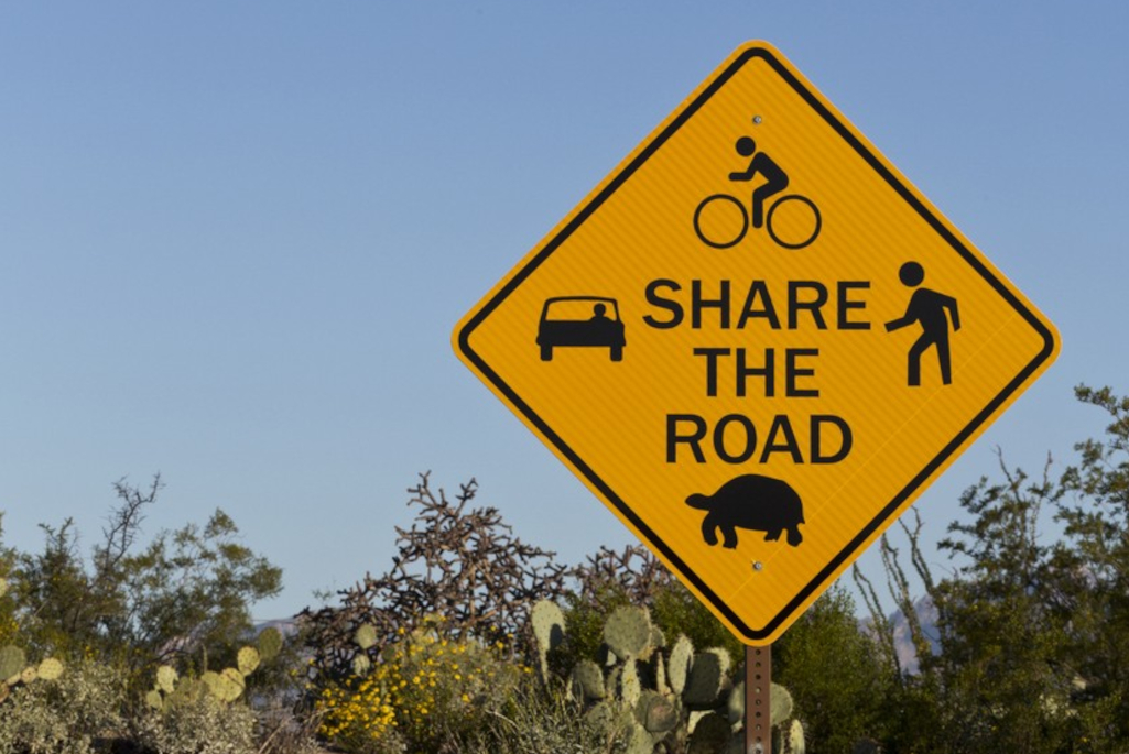 Yellow yield sign with icons for pedestrian, animal, car, bike